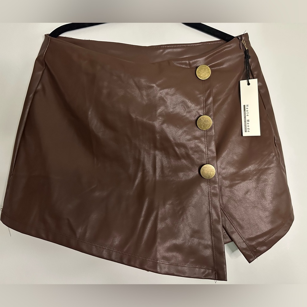 Haute Monde Brown Faux Leather Mini Skort | Gold Button Detail | Size L